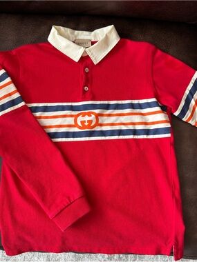 Gucci Red Long-Sleeve Polo with Navy, Orange & White Stripes